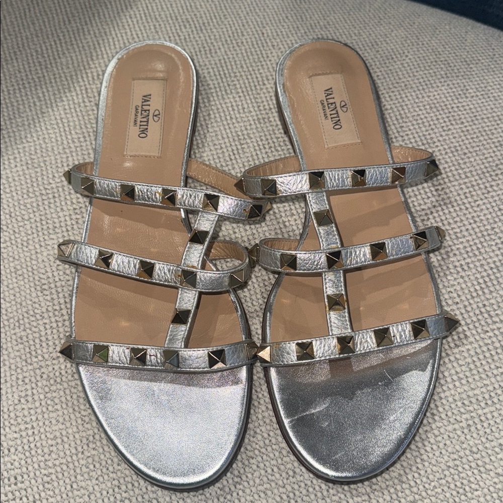 Valentino Metallic Silver Studded Slides